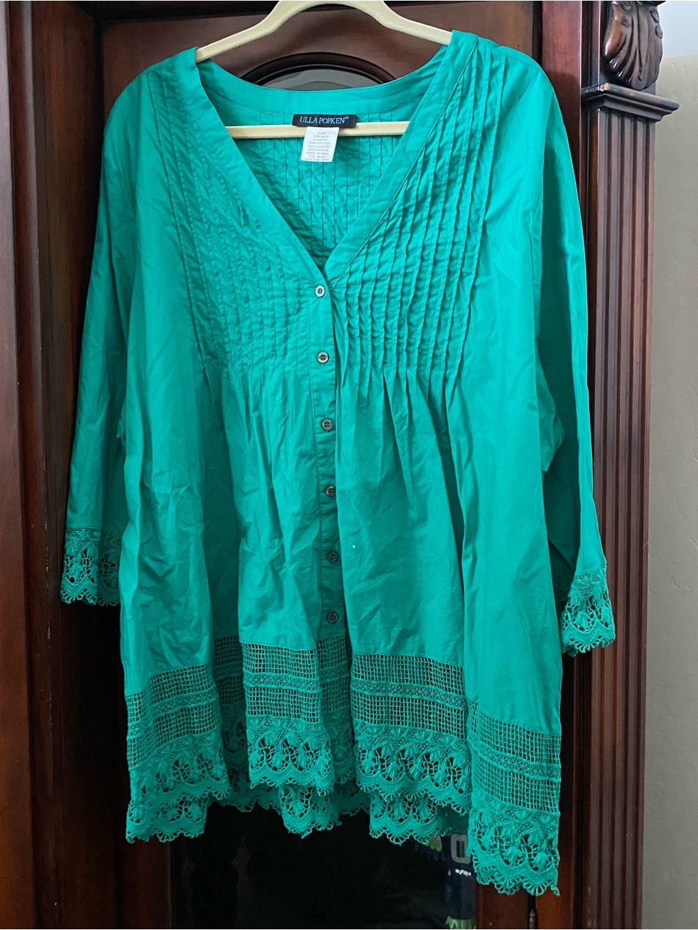 Ulla Popkin Green Women’s 28/30 Blouse 3/4 Sleeve Crochet Trim Button Down 4XL